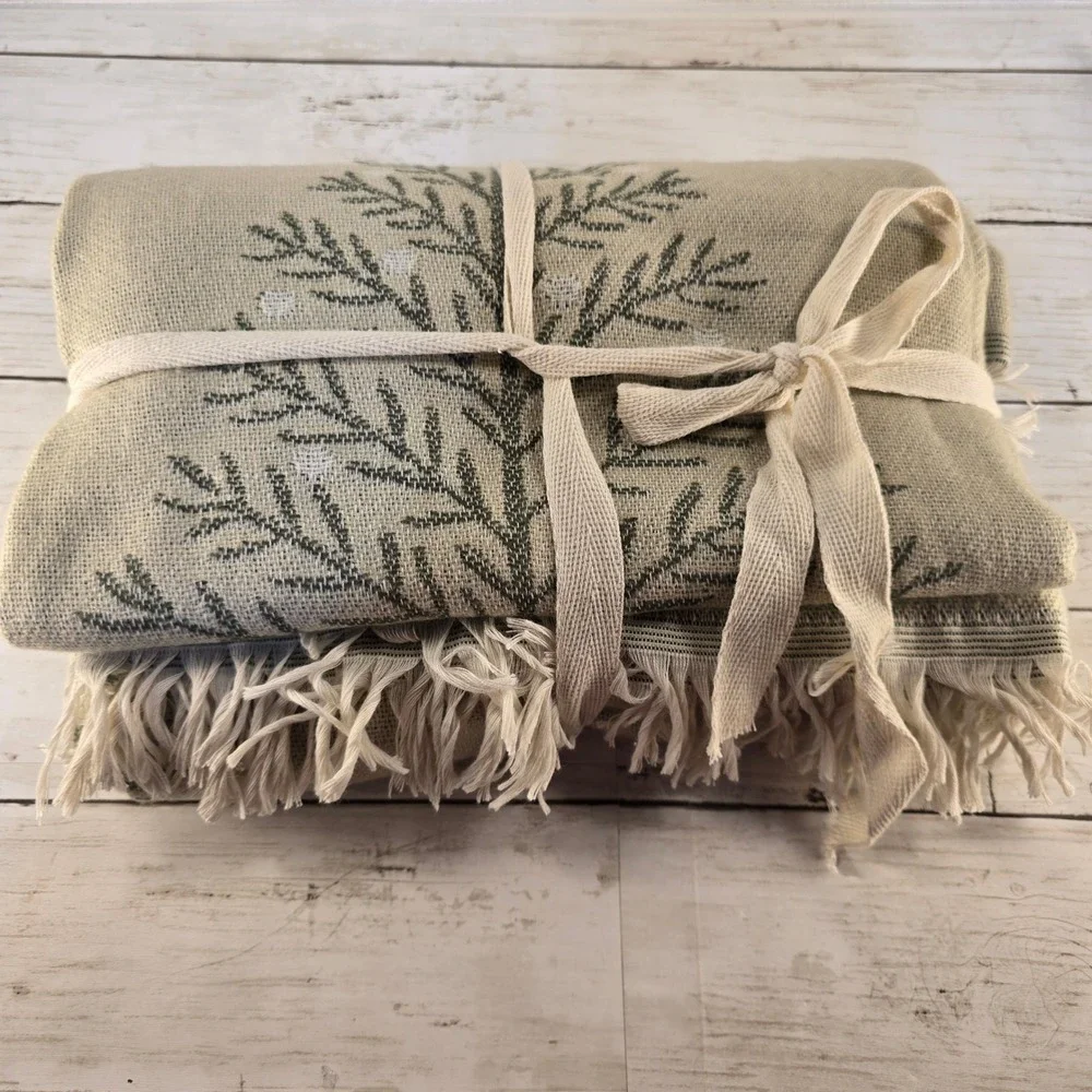 NWOT World Market Pine Tree Woven Throw Blanket Green Cream Fringe 50x60 OEKO-TE